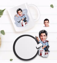 BK Gift Kişiye Özel Erkek Emlakçı Karikatürlü Beyaz Kupa ve Ahşap Bardak Altlığı Hediye Seti-1