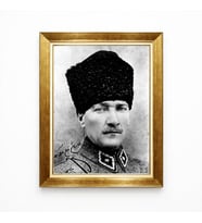 Tablore Atatürk Kalpaklı Siyah Beyaz Nostaljik Tablo - Tarihi İmzalı Dekoratif Çerçeve