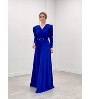 Krep Kumaş Kruvaze Yaka Kiloş Elbise - SAKS MAVİ (SAKS MAVI)