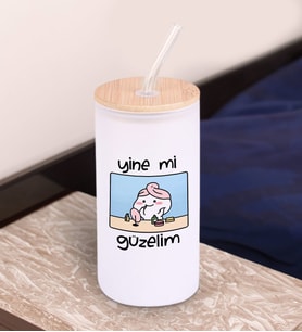 BK Gift Esprili Tasarım Beyaz Renk Pipetli Buzlu Cam Bardak 600ml - 8, Arkadaşa Hediye, Doğum Günü Hediyesi