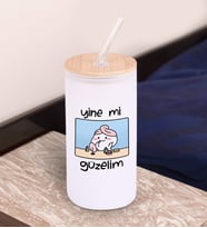 BK Gift Esprili Tasarım Beyaz Renk Pipetli Buzlu Cam Bardak 600ml - 8, Arkadaşa Hediye, Doğum Günü Hediyesi