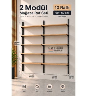 2 Modül 10 Raflı Konik Dikme Mağaza Raf Sistemi 60x30 cm Safir Meşe Suntalam Duvar Rafı
