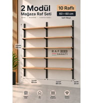 2 Modül 10 Raflı Konik Dikme Mağaza Raf Sistemi 60x30 cm Safir Meşe Suntalam Duvar Rafı