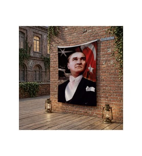 Ay Yıldızlı Bayrak Atatürk Portresi poster Bayrak Raşel Kumaş 100x150 cm ATA15