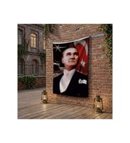 Ay Yıldızlı Bayrak Atatürk Portresi poster Bayrak Raşel Kumaş 100x150 cm ATA15