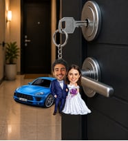 Kişiye Özel Gelin Damat Karikatür Anahtarlık – Fotoğraflı Çift Hediyesi Fotoğraflı Düğün Anahtarlığı Araba Temalı Gelin Damat Anahtarlık