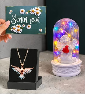 Premium Hediye Seti Renkli Anka Kuşu Kolye ve Renkli Işıklı Beyaz Melekli Fanus