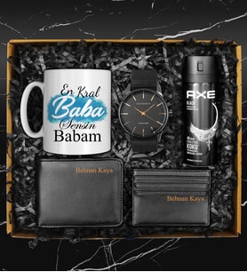 Babalar Gününe Özel Axe Deodorant & Hasır Kordon Saat & Özel Tasarım Kupa & Cüzdan & Kartvizitlik Hediye Seti