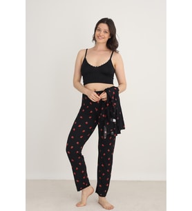 Kadın Çilek Desenli İp Askılı Sabahlıklı 3'lü Pijama Takım  Siyah 80710-889