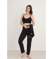 Kadın Çilek Desenli İp Askılı Sabahlıklı 3'lü Pijama Takım  Siyah 80710-889