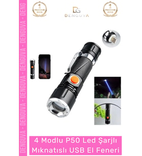 Özel Üretim Takma Aparatlı Dayanıklı Metal Alüminyum 4 Modlu P50 Led Şarjlı Mıknatıslı Usb El Feneri