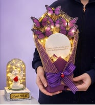 Led Işıklı Aynalı Mor Kelebek Buketi (Kişiye Özel Led Işıklı Fanus Hediyeli) (Model 1)