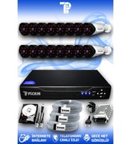 PICAM 16 Kameralı Uzay 16 Dış Kamera Set 2 TB HDD Full HD Gece Görüşlü Güvenlik Kamerası Sistemi