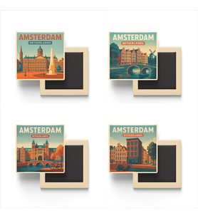 Amsterdam Hollanda - 4 adet - 9x9 cm Buzdolap Magneti