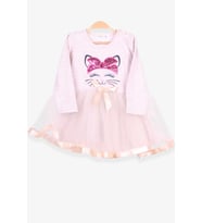 Breeze Kız Çocuk Uzun Kollu Elbise Kedi Nakışlı Pullu 1.5-5 Yaş, Bej Melanj