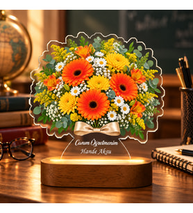 BK Gift Kişiye Özel Turuncu Gerbera ve Sarı Papatya Işıklı Çiçek Buketi LED Lamba