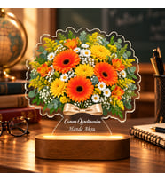 BK Gift Kişiye Özel Turuncu Gerbera ve Sarı Papatya Işıklı Çiçek Buketi LED Lamba