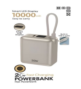 20W Hızlı Şarj Powerbank  10000mAh LCD Ekranlı, Dahili Type-C Girişli Kablolu Taşınabilir Şarj