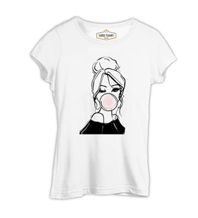 Girl Behind Bubble Gum Beyaz Kadın Tshirt