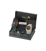 Polo Air Takvimli Erkek Kol Saati Cüzdan Kemer Kartlık Anahtarlık Çakmak Seti Gümüş Gold Siyah Renk PL-7074E6 (Altın-Siyah)