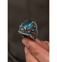 Oval Aqua Mavi Taşlı 925 Erkek Gümüş Yüzük