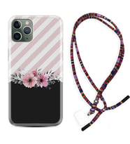 Apple iPhone 11 12 13 14 Pro Max Kılıf Boyun Asklı Rasta Silikon Strip Pink Flowers 1396