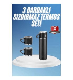 Mey İthalat® Termos Paslanmaz Çelik Termos Siyah Renk 3 Bardaklı Termos Seti