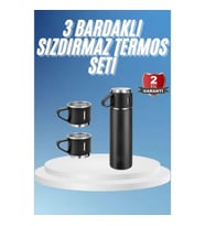 Mey İthalat® Termos Paslanmaz Çelik Termos Siyah Renk 3 Bardaklı Termos Seti