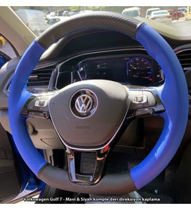 Golf 7 Jetta Passat Tiguan Polo-T-Roc F1 Dikmeli Araca Özel Direksiyon Kılıfı MAVİ DERİ KARBON (Karışık)