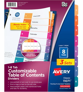 Avery Hazır Index Parçalı, 8-Tab Set, 3 Set (İçindekiler 11071)