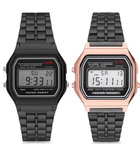 Retro Siyah ve Rose Gold Renk 2 Adet Retro Model Unisex Kol Saati Çiftlere Sevgili ve Yakın Arkadaşa Özel Hediye Takvim Alarm Aydınlatma ve Kronometre Özellikleri Mevcuttur Özel Kutusunda Gönderilecektir