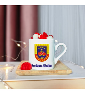 Jandarma Tasarımlı Ahşap Tabaklı Kişiye Özel Türk Kahvesi Fincanı