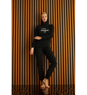 Kadın 3720-12 Fitilli Kapşonlu Polar Pijama Takımı SİYAH