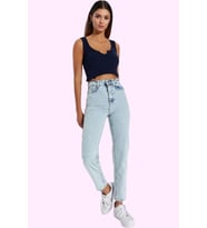 Kadın Pamuk Denim Mom Jean Pantolon Yüksek Bel Regular Boy Günlük Kullanım Kaliteli Malzeme (Açık Mavi)