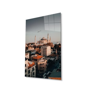 Ayasofya Cami Manzara Dini Duvar Dekoru Cam Tablo 4mm Dayanıklı Temperli Cam (Çok Renkli)