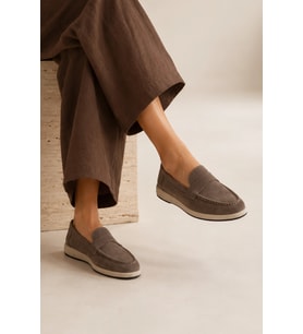 Suede Hakiki Deri Gri Süet Loafer