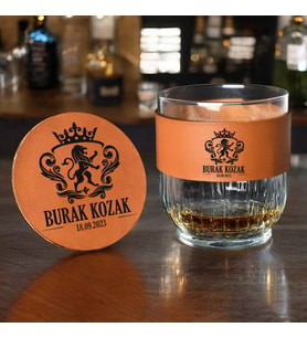 Kişiye Özel Doğum Günü Tarihli Taba Deri Viski Bardak Seti