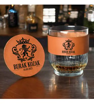 Kişiye Özel Doğum Günü Tarihli Taba Deri Viski Bardak Seti