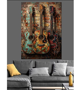 Duvara Asılı Eskimiş Gitarlar Dekoratif Kanvas - Mdf Ahşap Tablo