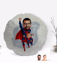 BK Gift Kişiye Özel Süper Baba ve Çocuk Karikatürlü Yuvarlak Dekoratif Kırlent Yastık-1