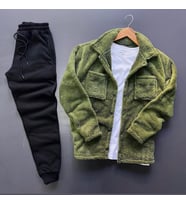 Unisex Haki Peluş Polar Hırka Gömlek Siyah Eşofman Altı Takım