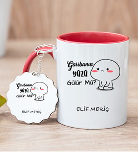 Kişiye Özel Garibanın Yüzü Gülür Mü Esprili Kırmızı Kupa Bardak ve Anahtarlık