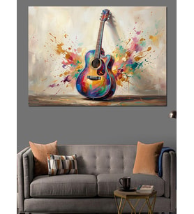 Renk Sıçramalı Sanatsal Elektro Gitar Dekoratif Kanvas - Mdf Ahşap Tablo