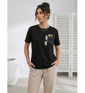 Sevimli Kedi Cep Baskılı Tişört Kısa Kol Yazlık T-Shirt - Siyah