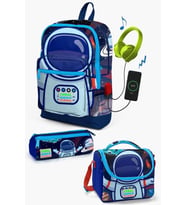 Coral High Kids Saks Mavi Astronot Desenli USB'li 3’lü Okul Çanta Seti - Erkek Çocuk