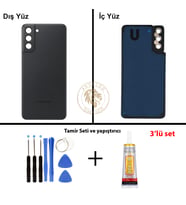Samsung S21 Plus Siyah Arka Pil Kapağı Batarya Kapağı Lazer Kesim + Yapıştırıcı ve Vida Seti