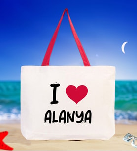BK Gift I Love Alanya Renkli Kulp Kanvas Plaj Çantası 48x40m, Baskılı Omuz Çantası, Alışveriş Çantası (Kırmızı)