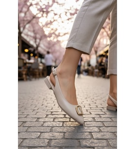 Enoch Kadın Gold Kare Toka Detaylı Slingback Ekru Babet