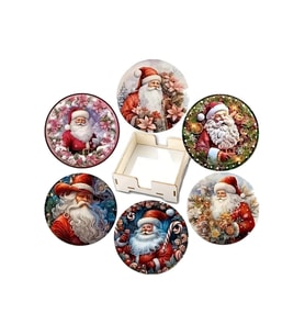 BİLGE tasarım Noel Yılbaşı Ahşap Bardak Altlığı - 6 lı set Set AHŞAP ÖZEL TASARIM KUTULU