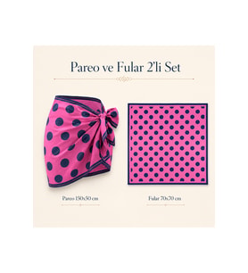 Tarzını Seç Premium Pembe Lacivert Puantiye Desenli 2’li Kısa Pareo ve Bandana Seti 150x50 cm / 70x70 cm